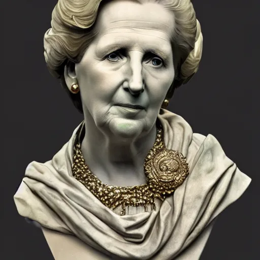 Prompt: beautiful lifelike award winning marble statue bust of margaret thatcher trending on art station artgerm greg rutkowski alphonse mucha museum quality cinematic atmospheric