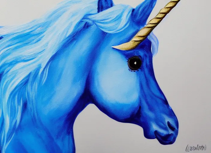 Image similar to a blue unicorn painting a self portrait, high details, 4 k, sharp fucos