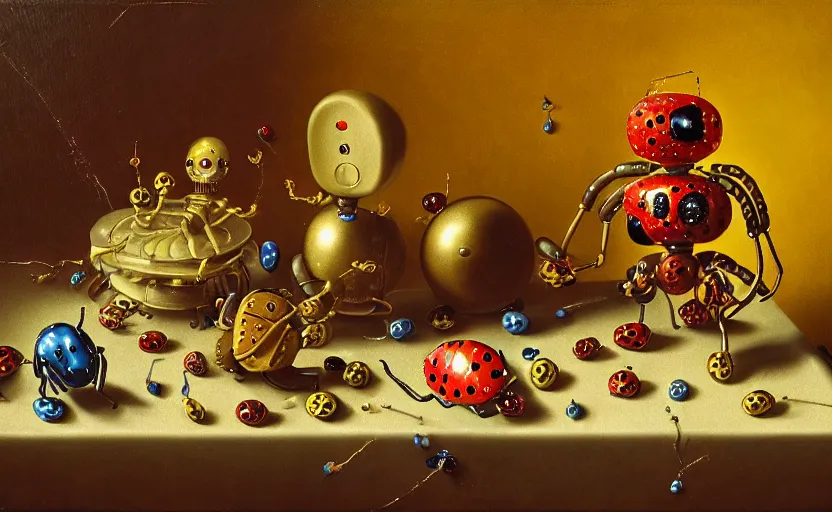 Prompt: strange robot body, disturbing colorful oil painting dutch golden age vanitas still life sparse composition with shiny metal lady bugs rachel ruysch dali todd schorr very detailed perfect composition rule of thirds masterpiece canon 5 0 mm, cinematic lighting, photography, retro, film, kodachrome