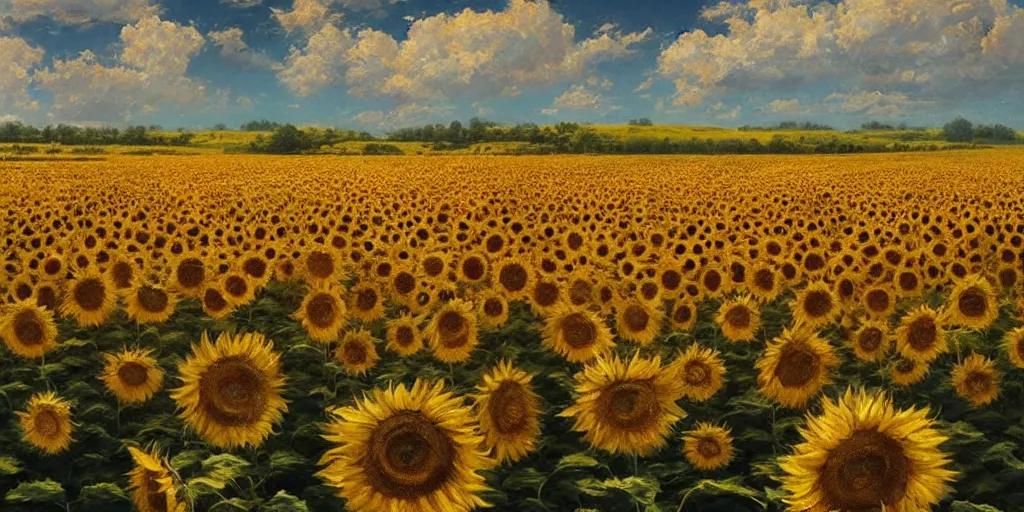 Image similar to Hyper realistic oil painting of an endless sunflower field, high contrast, deep and bright colors, blue skies, cinematic, by greg rutkowski