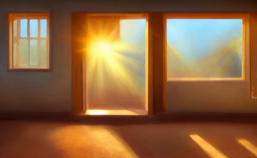 Prompt: happy morning and the rays of the morning sun shining through the window of the village house clear sky, warm colors, silent mood, oil painting, high detail, trending on artstation