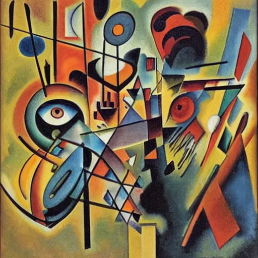 Prompt: Oil painting by Kandinsky. Two mechanical gods with animal faces having a conversation. Oil painting by Dali.