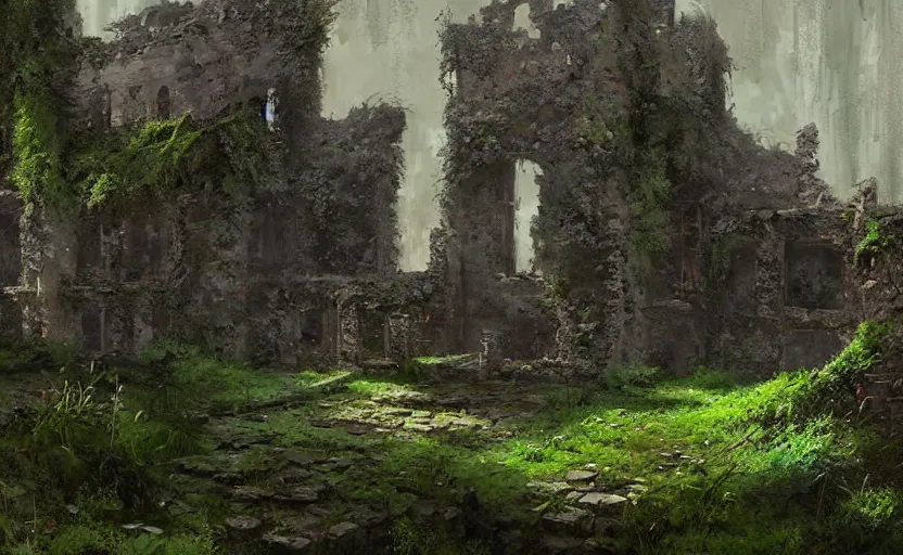 Prompt: ruins of an old castle covered by plant and moss by greg ruthkowski and craig mullins