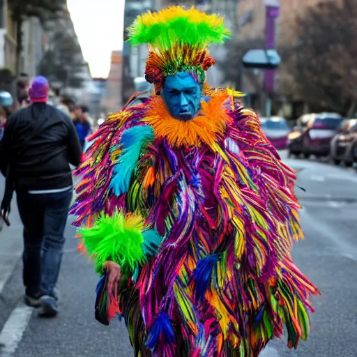 Image similar to a man made of colorful feather boas walking across the street