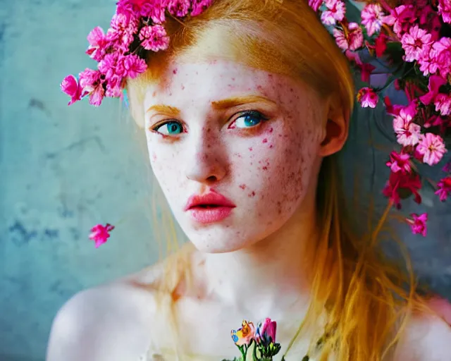 Image similar to pale young woman with bright blonde hair, freckles, blue eyes and a wide face, flowery dress, using a dslr camera, dramatic, surreal art by anna nikonova