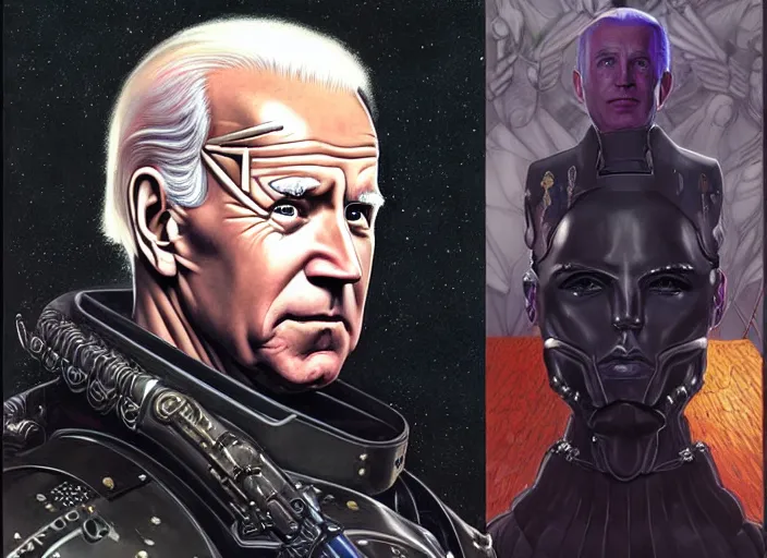 Image similar to portrait of joe biden goth cyborg with white hair in warhammer armor, art by ( ( ( kuvshinov ilya ) ) ) and wayne barlowe and gustav klimt and artgerm and wlop and william - adolphe bouguereau