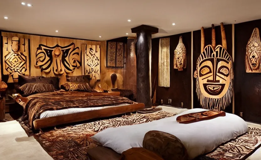 Image similar to an african themed luxurious bedroom, dark brown walls, wooden tribal masks on the wall, king size bed, beige, dark colors, artificial waterfall on the wall, chique, luxurious, elegant, walnut wood, cinnamon, tribal art, patterns, modernist, oriental