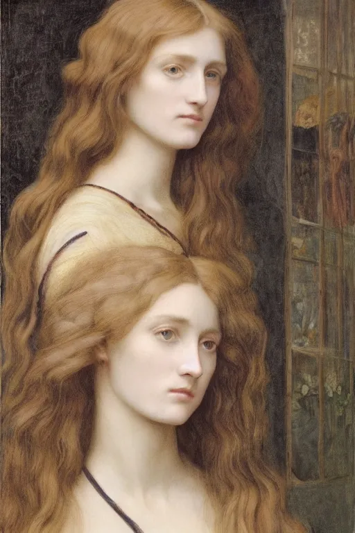 Prompt: Pre-Raphaelite portrait of a young, beautiful female-architect with blond hair and grey eyes