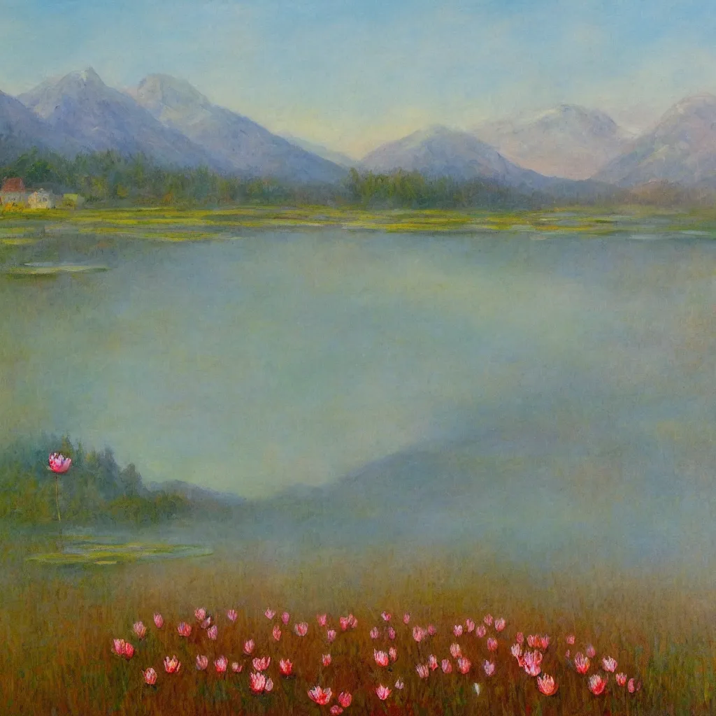 Image similar to impressionism painting of a pond of water lily on a foggy morning, red barn in distance, sun low on horizon through snow capped mountains, soft light