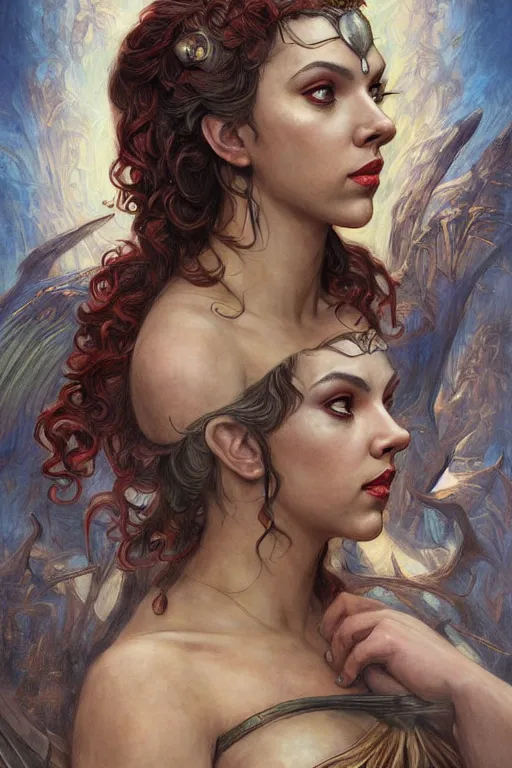 Image similar to A fantasy comic book style portrait painting of a hybrid Scarlett Johansson, Anya Taylor-Joy, as a Mystical Valkyrie, a beautiful female Reptilian Warrior, Regal, Realistic, Refined, Detailed Digital Art, Josephine wall, Oil Painting, William-Adolphe Bouguereau, Art Frahm, Esao Andrews, Steampunk, Walt Disney (1937), Highly Detailed, Cinematic Lighting, Unreal Engine, 8k, HD