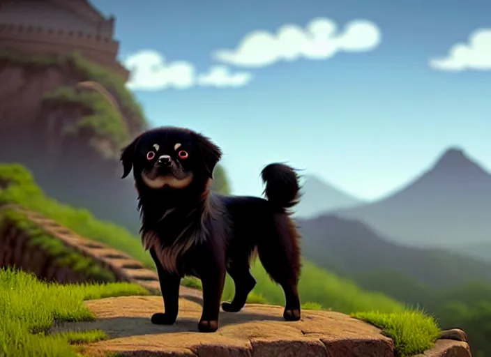 Image similar to a wholesome animation key shot of a black tibetan spaniel, great wall of china in the background, studio ghibli, pixar and disney animation, sharp, rendered in unreal engine 5, anime key art by greg rutkowski, bloom, dramatic lighting