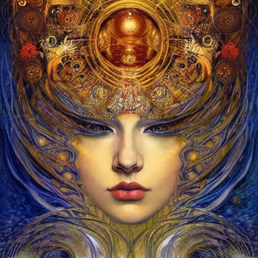 Image similar to Divine Chaos Engine by Karol Bak, Jean Deville, Gustav Klimt, and Vincent Van Gogh, beautiful visionary mystical portrait, sacred, otherworldly, fractal structures, ornate gilded medieval icon, third eye, spirals