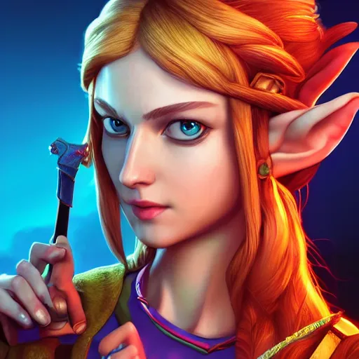 Image similar to Portrait of Zelda, cell shading, studio lightning, bright colors, intricate, masterpiece, photorealistic, hiperrealistic, sharp focus, high contrast, Artstation HQ, 4k UHD, Unreal Engine 5