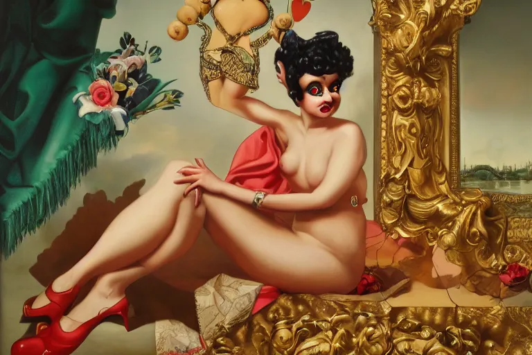 Prompt: risque low brow painting of betty boop by robert williams + von franco, oil on canvas, exquisitely intricate details, surrealism, neoclassicism, renaissance, hyper realistic, ultra detailed, cell shaded, 8 k