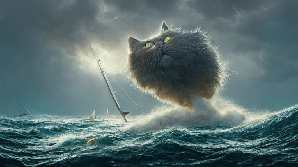 Prompt: a gigantic cat bursting out of a stormy sea attacking a small sail boat, wet fur, giant waves, sunbeams in background, intricate, detailed, volumetric lighting, sharp focus, scenery, photorealism, digital painting, highly detailed, concept art, by simon stalenhag and mark brooks