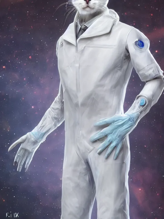 Image similar to a humanoid cat wearing a scientist white coat, digital art, digital painting, masterpiece, anatomically correct, five fingers, cinematic, high coherence, realistic, high quality, highly detailed, 8 k, dramatic lighting, path traced, centered, high definition