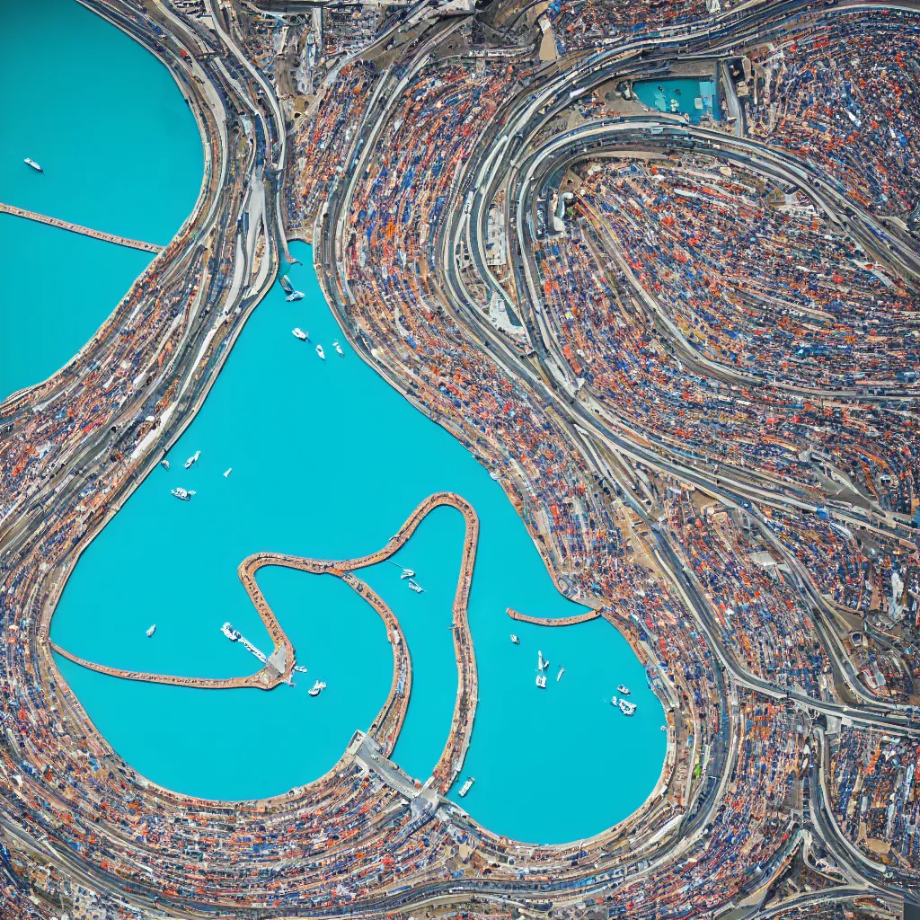 Image similar to F1 racetrack over pools of bright blue water, birds eye view