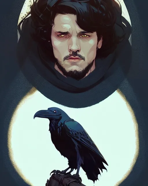 Image similar to portrait of raven male lord from game of thrones with dark hair and golden eyes, by atey ghailan, by greg rutkowski, by greg tocchini, by james gilleard, by joe fenton, by kaethe butcher, dynamic lighting, gradient light blue, brown, blonde cream and white color scheme, grunge aesthetic