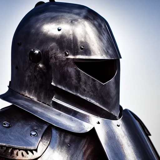 Image similar to a head and shoulders action portrait photo of a knight in obsidian armor