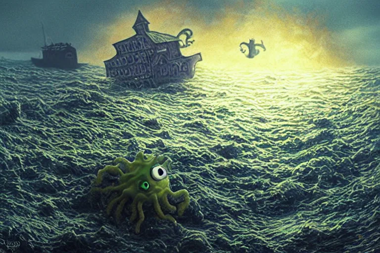 Prompt: Spongebob Cthulhu nightmare, photorealistic, lunar horizon