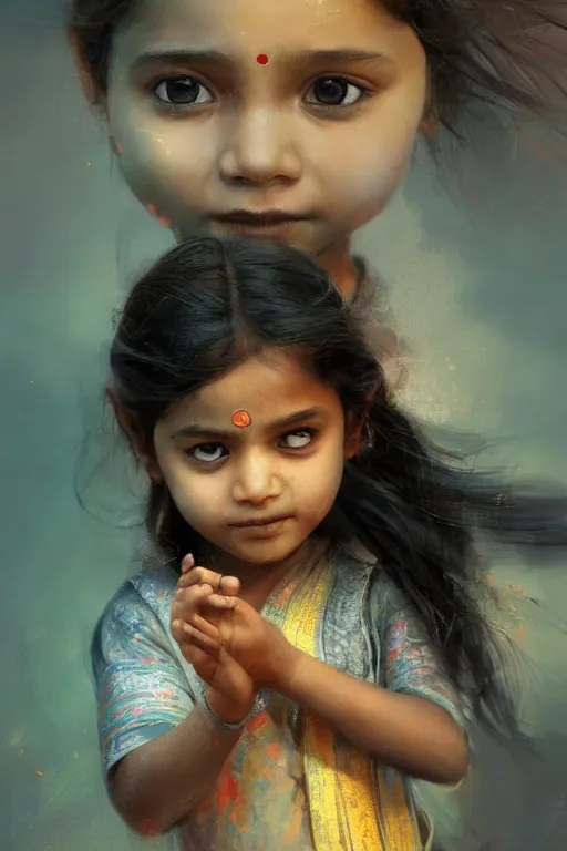 Image similar to hindu little girl, joyful, close - up portrait, intricate, elegant, volumetric lighting, scenery, digital painting, highly detailed, artstation, sharp focus, illustration, concept art, ruan jia, steve mccurry