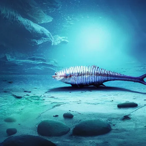 Image similar to vanishing perspective view of an alien fish swimming on the ocean bed, deep blue ocean color, some plant life, alien landscape, cinematic perspective, cinematic lighting, matte painting, detailed, sci - fi