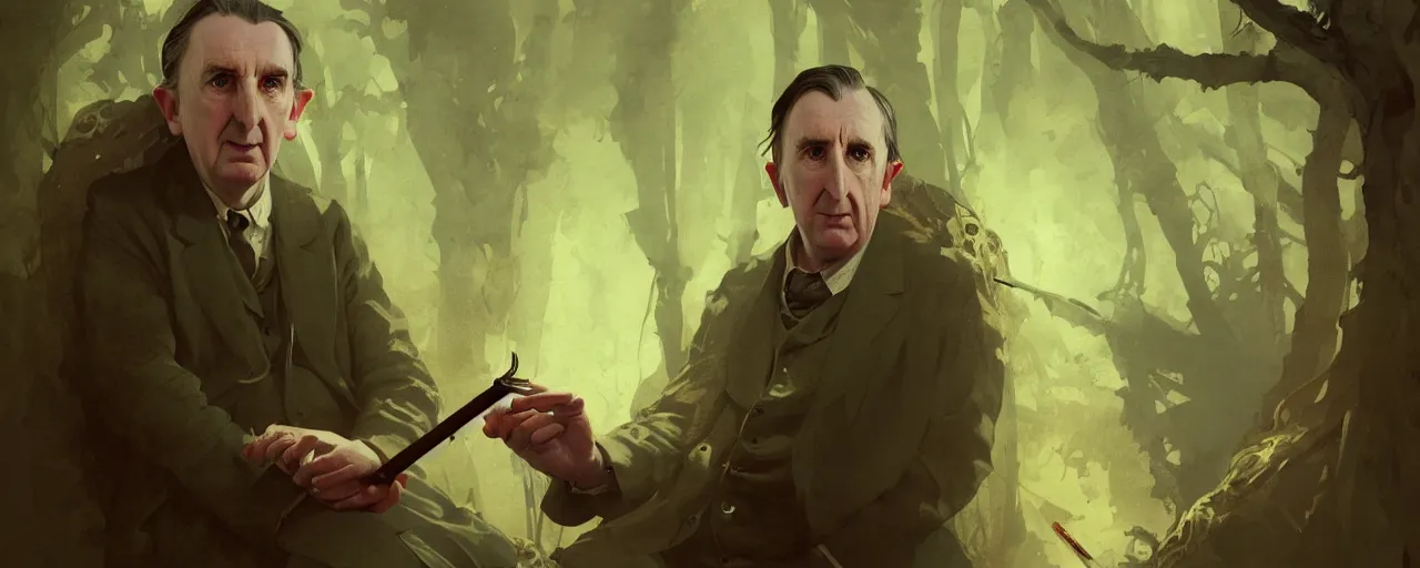 Image similar to duotone concept illustration 3 / 4 portrait of jrr tolkien in hobbit house smoking pipe rustical style. cinematic volumentric lighting. accidental renaissance. by sachin teng and sergey kolesov and ruan jia and heng z. graffiti art, scifi, fantasy, hyper detailed. octane render. concept art. trending on artstation