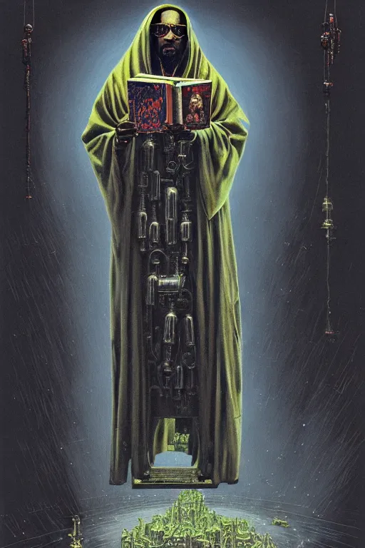Prompt: painting of snoop dog as a cloaked tech priest holding a book, adeptus mechanicus!, cybernetic enhancements attached to his body, praise the omnissaiah, zdzislaw beksinski, lewis jones, mattias adolfsson, warhammer 4 0 k!!, cold hue's, warm tone gradient background, concept art, digital painting