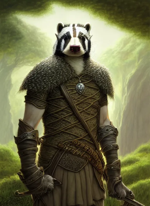 Prompt: a film still portrait of a badger elven king, finely detailed features, cinematic lighting, perfect art, brian jacques redwall woodland, forest, intricate, anime, gapmoe grimdark, artstation, trending on pixiv fanbox, painted by brian jacques greg rutkowski, studio ghibli, 4 k