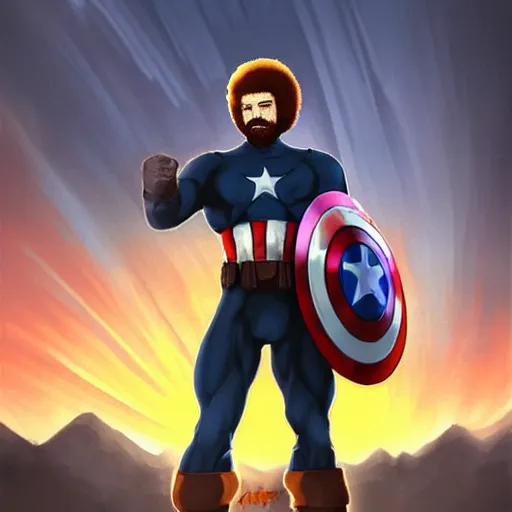 Image similar to Bob Ross as captain america, digital art, concept art, sunset sky in the background, symmetrical, highly detailed, high quality, concept art, Deviant Art, anime style