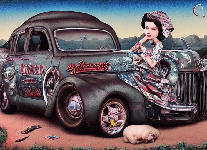 Prompt: americana dream cars, lowbrow, matte painting, 3 - d highly detailed, in the style of mark ryden,