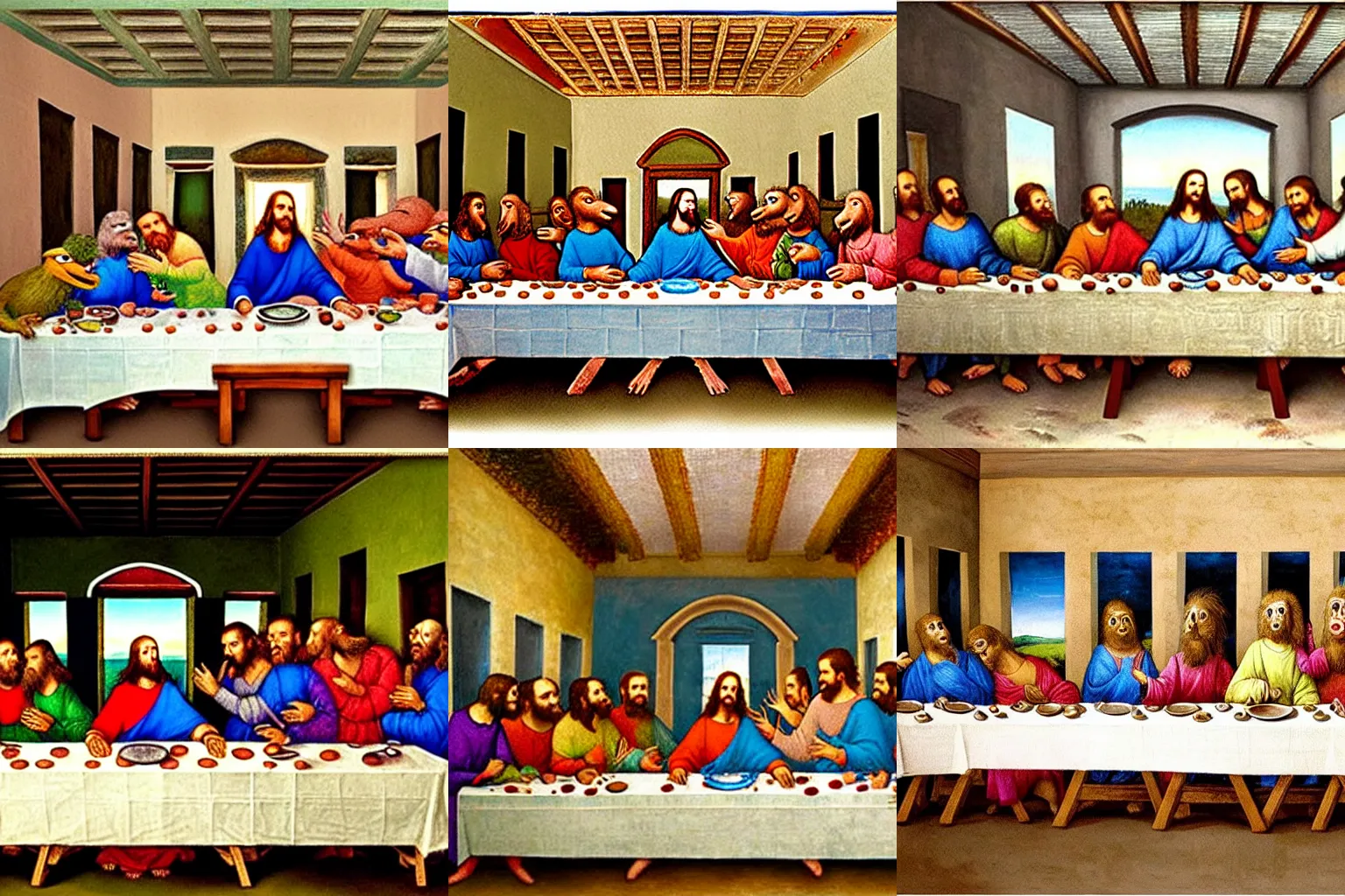 Prompt: an affresco painting of the last supper with muppets