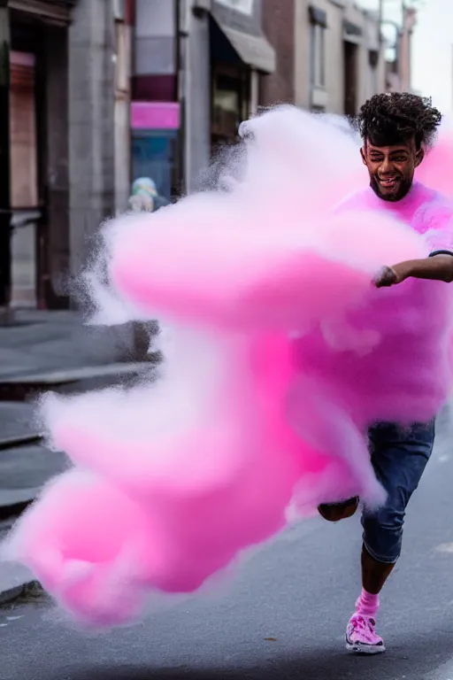 Image similar to a man made out of cotton candy running down the street, 4k, high quality