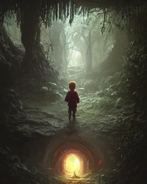 Image similar to a child looking at a portal in the hidden garden, scare, environment art, fantasy art, landscape art, in the style of greg rutkowski, illustration, epic, fantasy, intricate, hyper detailed, artstation, concept art, smooth, sharp focus, ray tracing