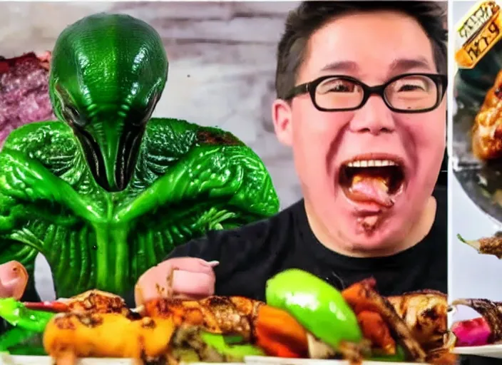 Image similar to Alien mukbang on YouTube. Alien vegetables, roasted. Exotic meat, grilled. Trending on YouTube. HD
