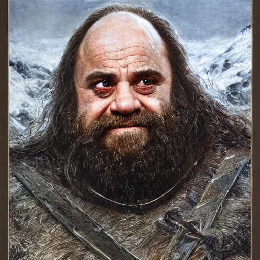 Image similar to portrait of danny devito as gimli, by alan lee, lord of the rings calendar, smooth, detailed terrain, oil painting, matte painting, concept art, trending on artstation, promotional artwork, film still, elegant, photorealistic facial features, intricate, detailed face, cinematic lighting