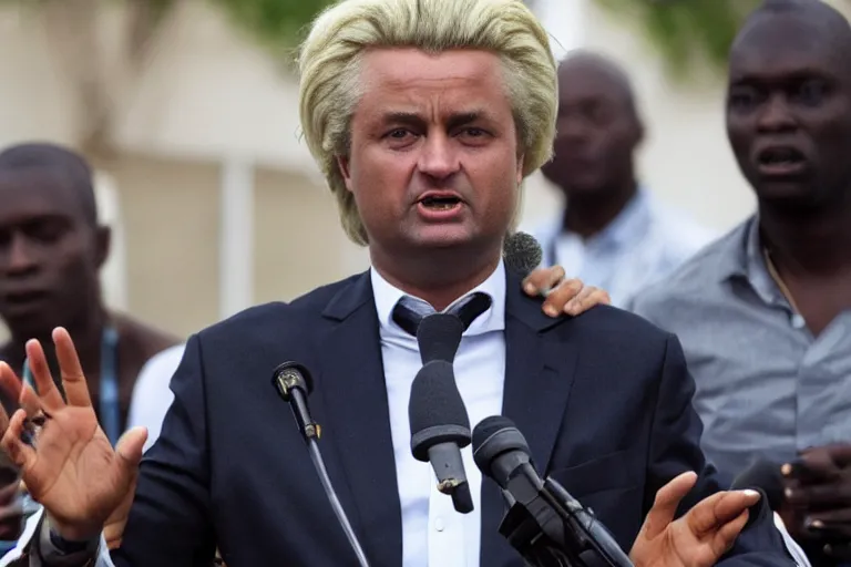 Prompt: african geert wilders speaking to a crowd