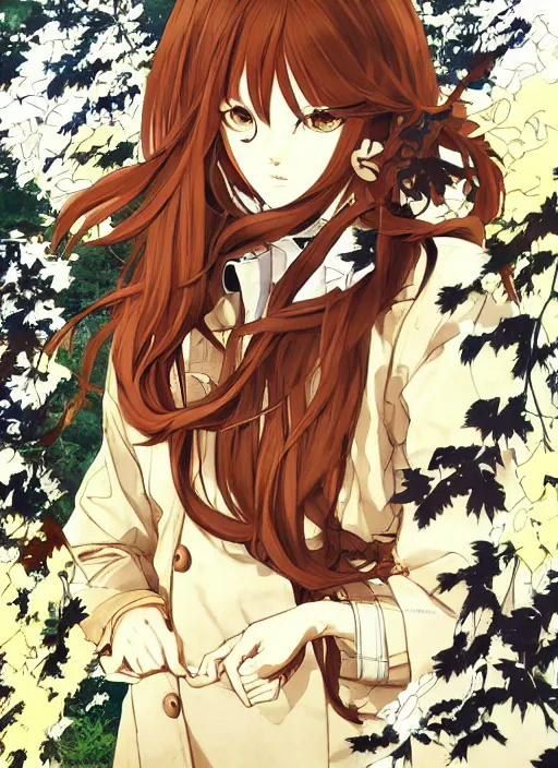 Image similar to illustration by shigenori soejima, by tatsuki fujimoto, by yoji shinakawa, girl with fox ears, long wavy orange hair, light brown trenchcoat, forest background, focus on face, pretty, moody lighting, painterly