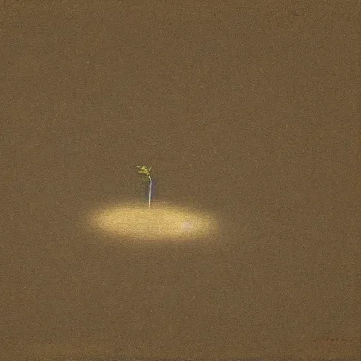 Image similar to painting of a single small seed sitting in a shallow hole in fresh earth. the painting is characterized by its use of light and shadow to create a sense of depth, its muted colors, and its focus on nature.