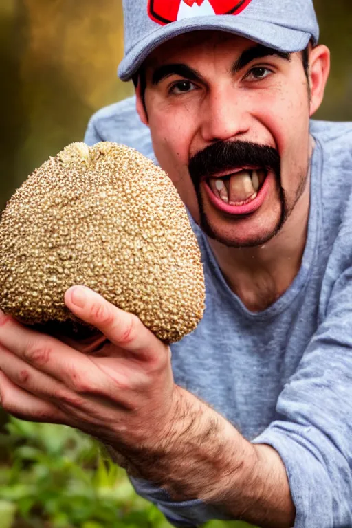 Image similar to photo of real life mario finding a giant amanita muscaria, exhilarated, portrait, closeup. mouth open, 3 0 mm, bokeh