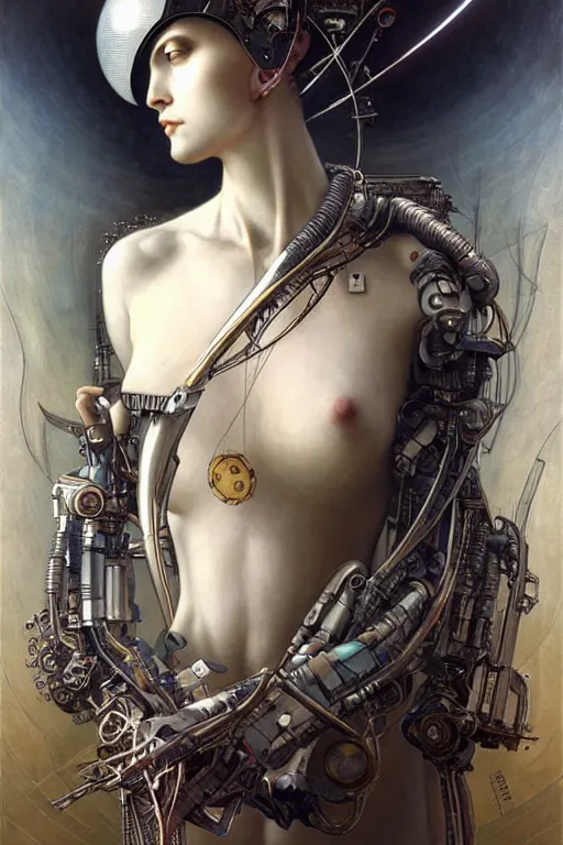 Image similar to full - bodied and portrait futurist cyborg empress, perfect future, award winning art by santiago caruso, iridescent color palette, symmetric face, by wlop and karol bak and bouguereau and viktoria gavrilenko