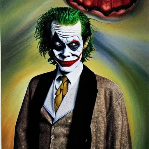 Image similar to Painting of Willem Dafoe as the Joker, by Salvador Dali