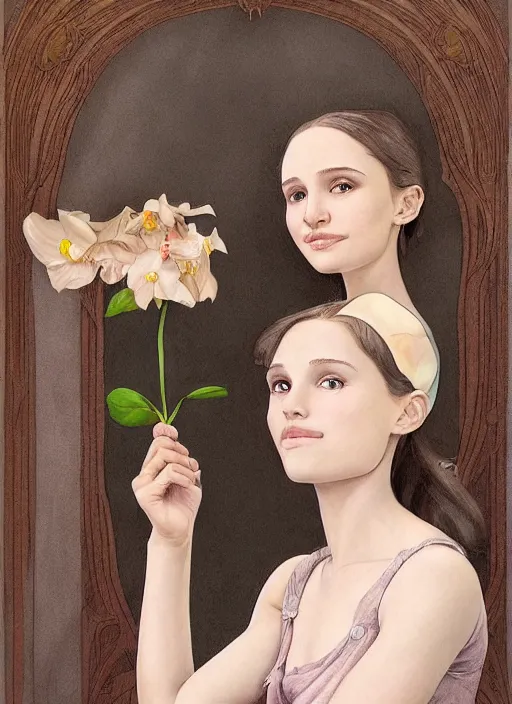 Image similar to well - lit art nouveau face portrait of a 1 3 - year old girl wih resembles natalie portman and emily browning holding a flower, natural lighting, path traced, highly detailed, high quality, cartoon, digital painting, by don bluth and ross tran and studio ghibli