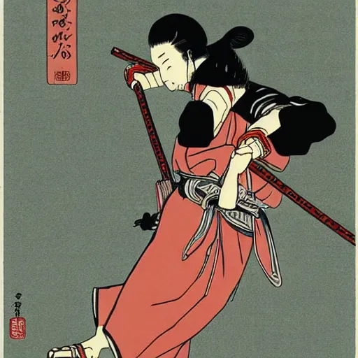 Prompt: Japanese schoolgirl runs away from Samurai with a katana on the subway by Toshio Saeki, high detailed