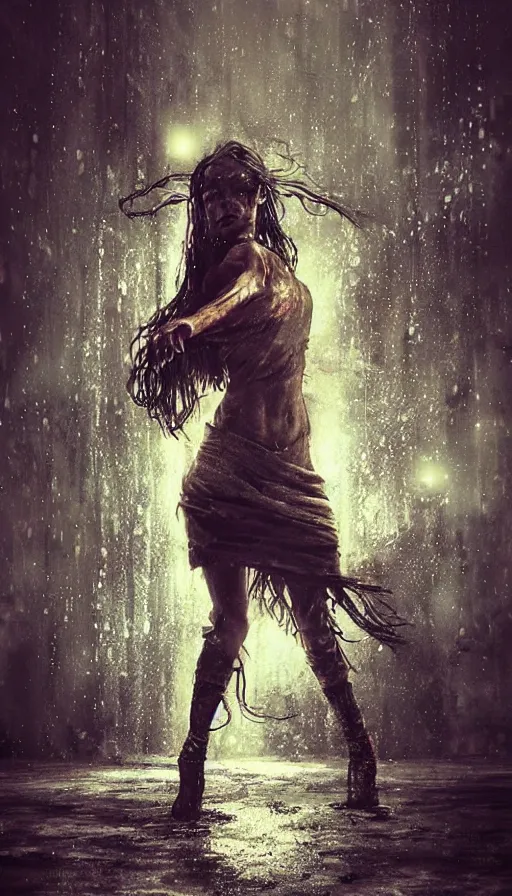 Prompt: woman dancing in the rain, post apocalyptic, horror, hyperdetailed, hyperrealistic, nature, soma game art style, midnight, full moon