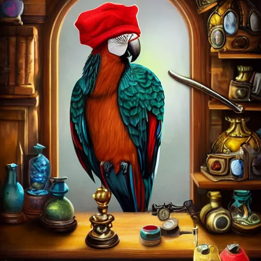 Image similar to Anthropomorphized parrot trader in his shop, portrait, items, weapons, magic potions, trinkets, carpet, lamps, window, fancy hat, sly expression, cunning expression, cute expression, long thick shiny black beak, D&D, fantasy, cinematic lighting, highly detailed, digital painting, artstation, concept art, smooth, sharp focus, illustration, warm light, cozy warm tint, magic the gathering artwork, volumetric lighting, 8k, art by Greg Rutkowski