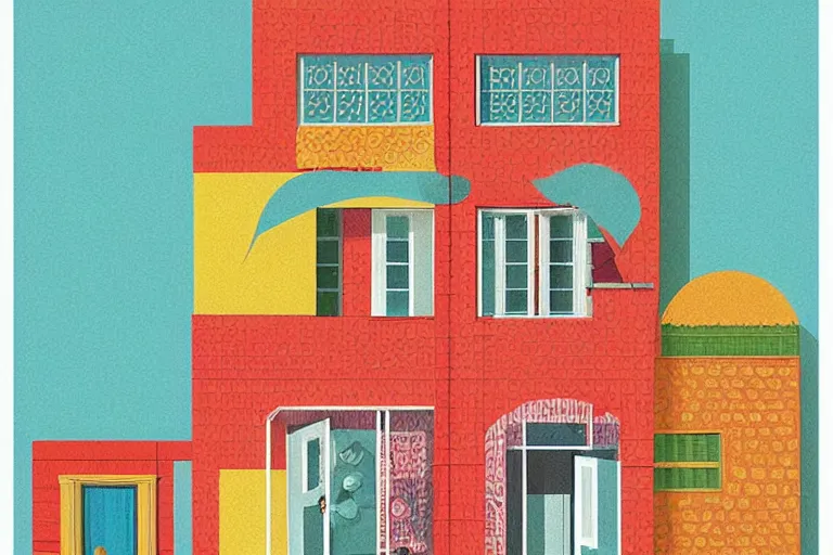 Prompt: a colorful flat 2 dimensional illustration of a cross section of a house, a storybook illustration by muti and tim biskup, minimalism, featured on dribble, arts and crafts movement, behance hd, storybook illustration, dynamic composition