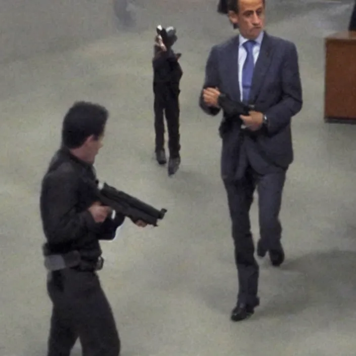 Prompt: picture of Nicolas Sarkozy with a glock, very very low quality security footage heavy grainy picture