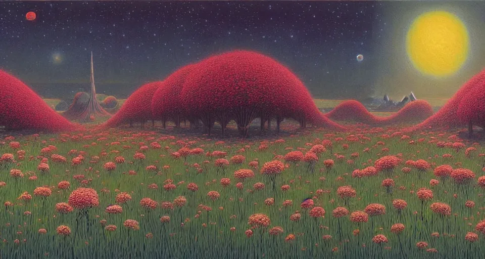 Image similar to a beautiful painting of a large perfectly cut hedge garden a field of flowers by moebius, underneath a star filled night sky, harold newton, zdzislaw beksinski, donato giancola, warm coloured, gigantic pillars and flowers, maschinen krieger, beeple, star trek, star wars, ilm, atmospheric perspective