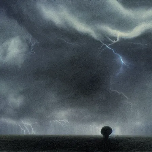 Image similar to killua zoldyck made by zdzisław beksinski, thunderstorm, 8 k, detailed, cinematic, rain, crying, black